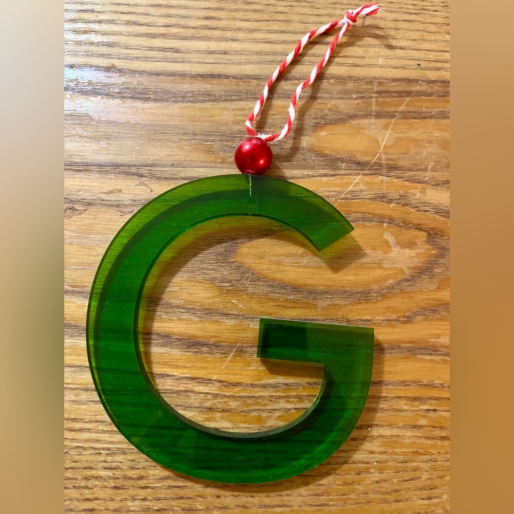 Letter G Christmas Tree Ornament - Green Acrylic - G initial Ornament